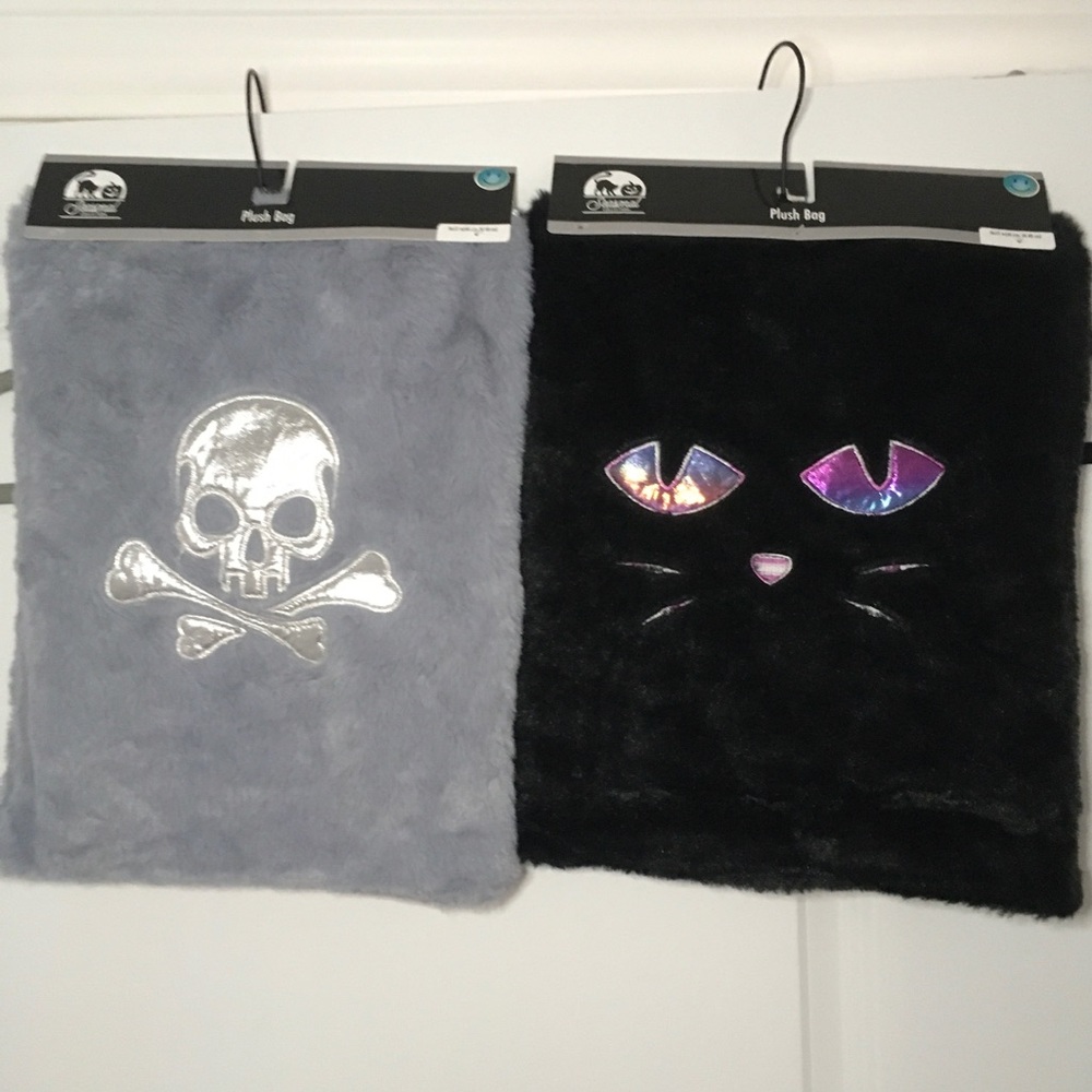 Halloween Two Plush Bags w/handles Black Kitty & Grey Poison 12โ x 15โ So Soft - Picture 1 of 7
